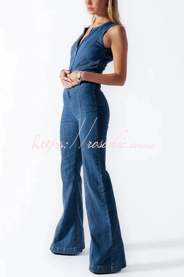 Fashionable Heart Hollow Back Slim High Waist Flared Denim Jumpsuit