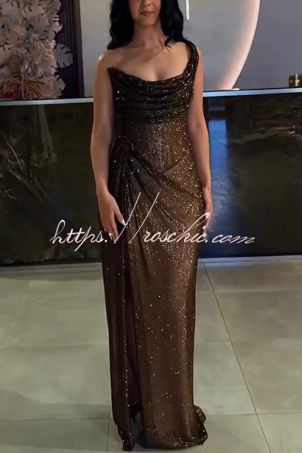 glitzy gala glitter fabric one shoulder ruched slit maxi dress Glitzy Gala Glitter Fabric One Shoulder Ruched Slit Maxi Dress