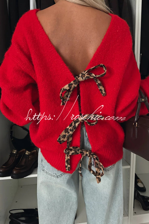 Fashionable Charm Knit Back Leopard Print Bow Tie-up Relaxed Sweater