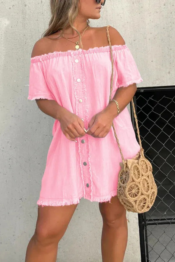 short loose dress Fashionable Off Shoulder Short-sleeved Loose Denim Mini Dress, Pink / XL
