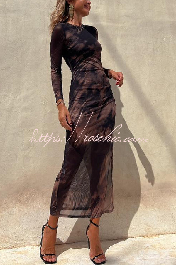 Charm Lady Mesh Overlay Tie Dye Print Long Sleeve Ruched Stretch Midi Dress