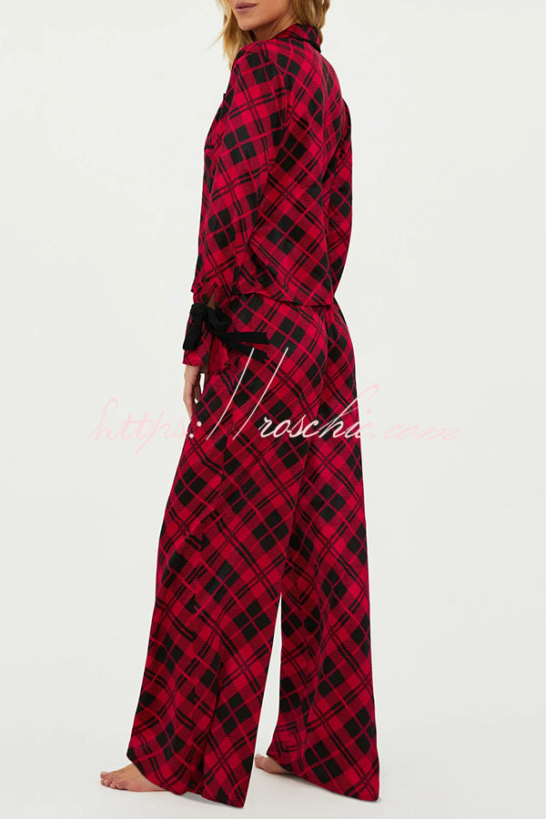 Holiday Movie Party Plaid Ribbon Detail Elastic Waist Pocketed Pajama Set