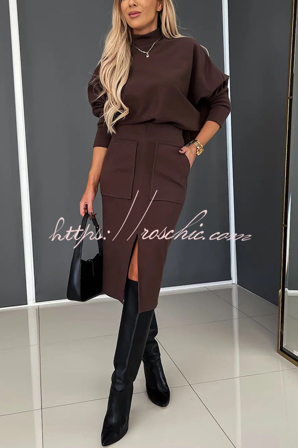 Chill Morning Knit Ribbed High Neck Top and Big Pocket Slit  Stretch Midi Skirt Set