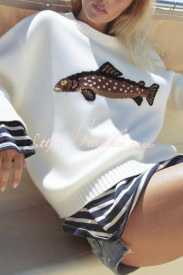 Fashionable Fish Pattern Round Neck Loose Knitted Sweater