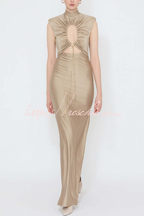 Genis Hollow Elastic Bust High Neck Sleeveless Gathered Maxi Dress  roschic