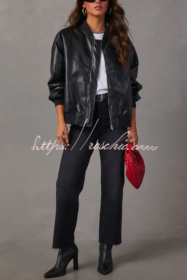 Solid Color Long Sleeve Loose Pocket Leather Jacket