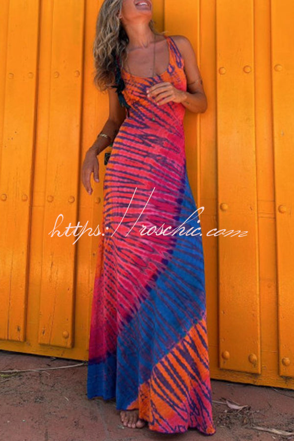 La Bamba Tie-dye Print Back Lace-up Stretch Maxi Dress