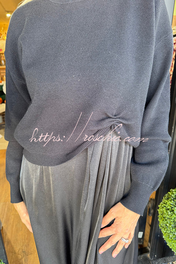 Practical Fashion Knit Ruched Sweater and Satin Stretch Tank Midi Dress Two-piece Set