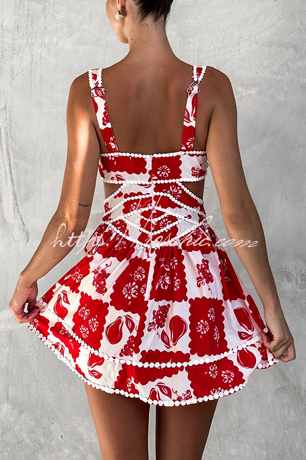 Holiday Colors Ric Rac Trims Unique Print Cutout Round Neck Mini Dress