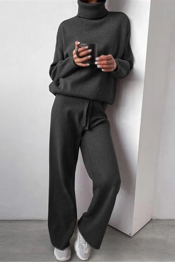 Solid Color Turtleneck Long-sleeved Knit Top and Elastic Waist Casual Pants Set