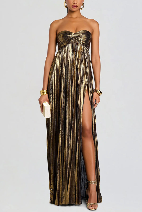 Metallic Sexy Tube Top Pleated High Slit Maxi Dress