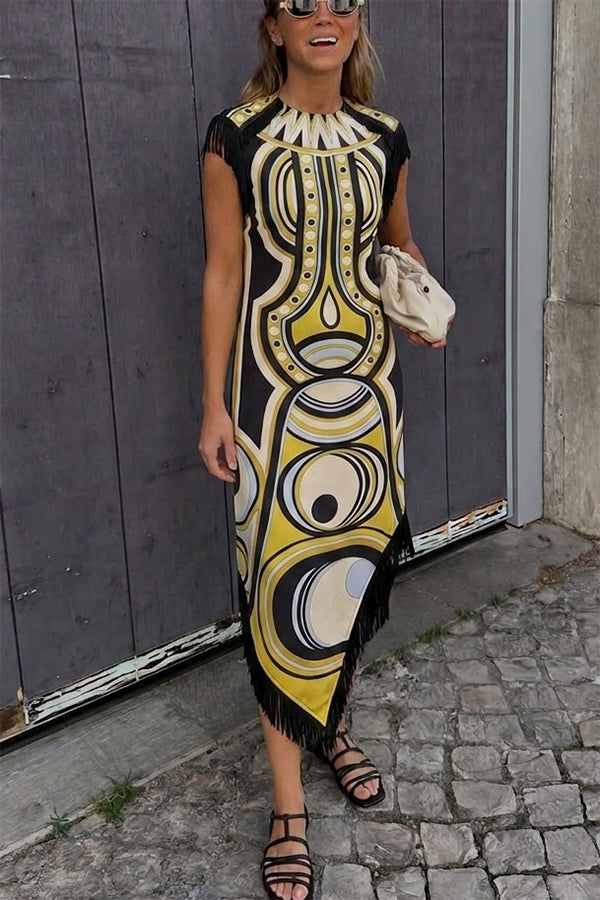 Jamie Unique Artistic Print Tassels Trim Short Sleeve Scarf Midi Dress