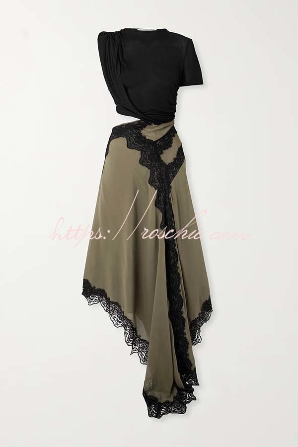 Verve Ribbed Jersey Cutout Waist Asymmetric Satin Lace Hem Maxi Dress