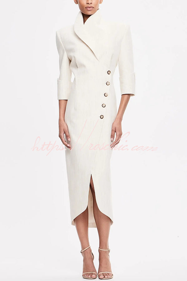Elegant Look Linen Blend Stand Lapel Neck Half Sleeve Side Button Midi Dress