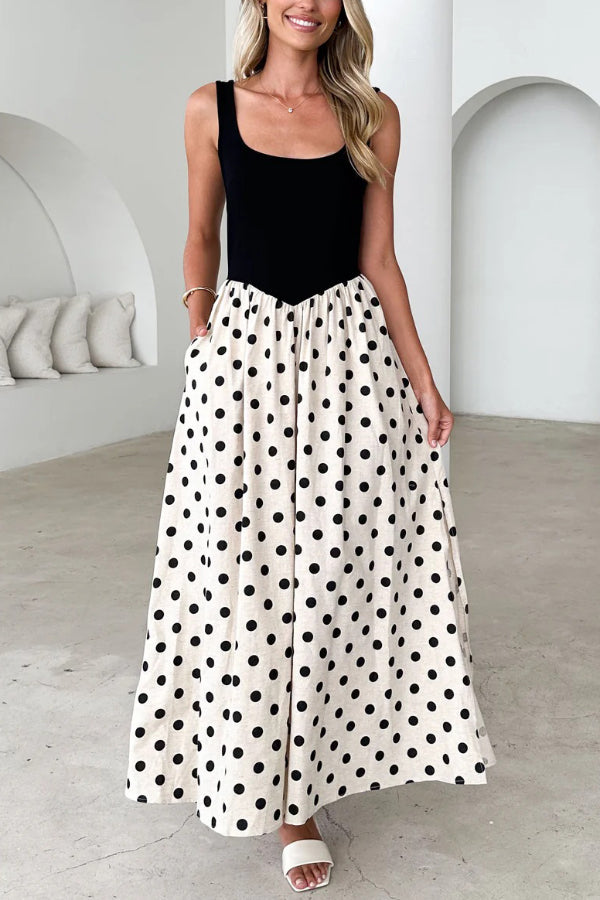 Black and White Color-blocked Polka Dot Print Sleeveless Casual Pocke –  roschic