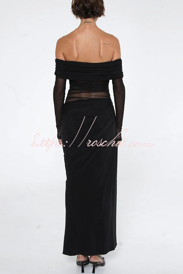 Exquisite Sexy Mesh Patchwork Off Shoulder Cutout Ruched Maxi Dress