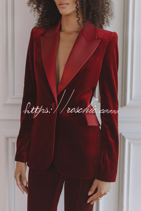 Delicate Daze Velvet Satin Lapel Button Up Long Sleeve Tapered Waist Blazer