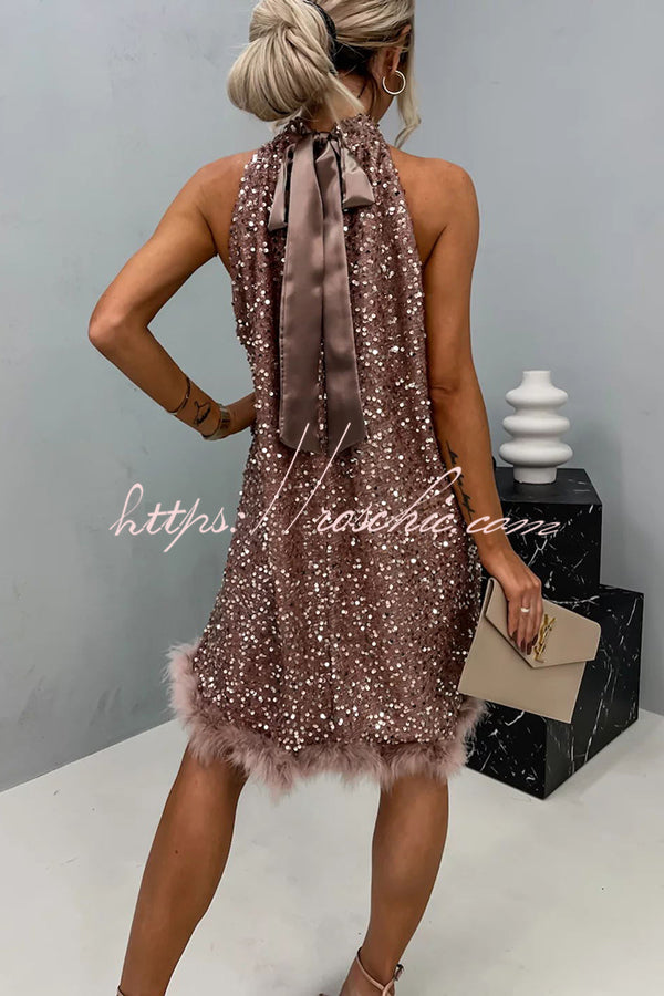 It's Time To Dance Sequin Feather Trim Halter Babydoll Mini Dress, Rose Gold / XL