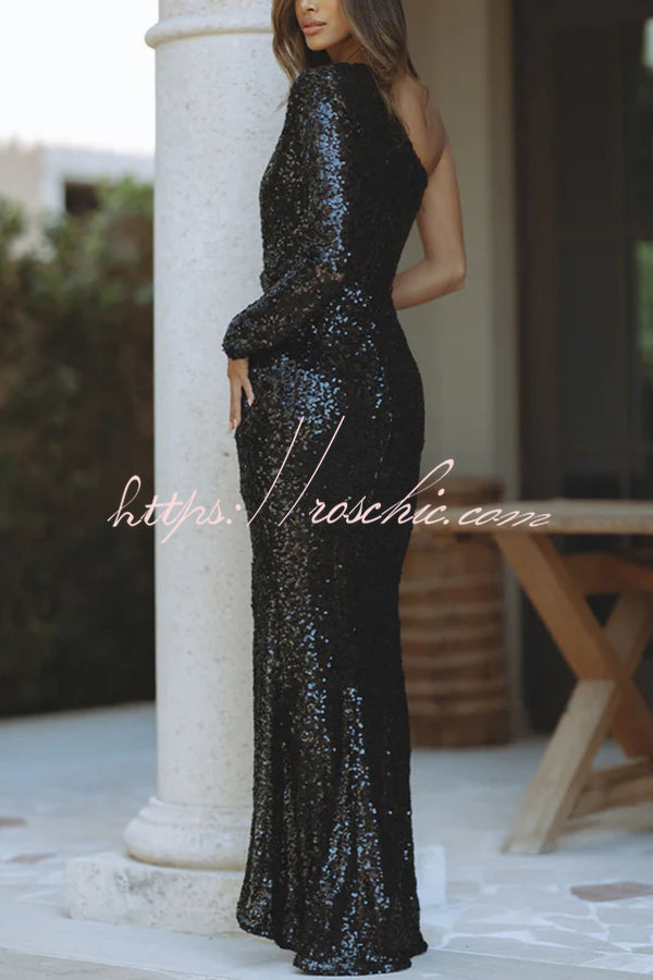 Hollywood Smiles Sequin One Padded Shoulder Slit Maxi Dress