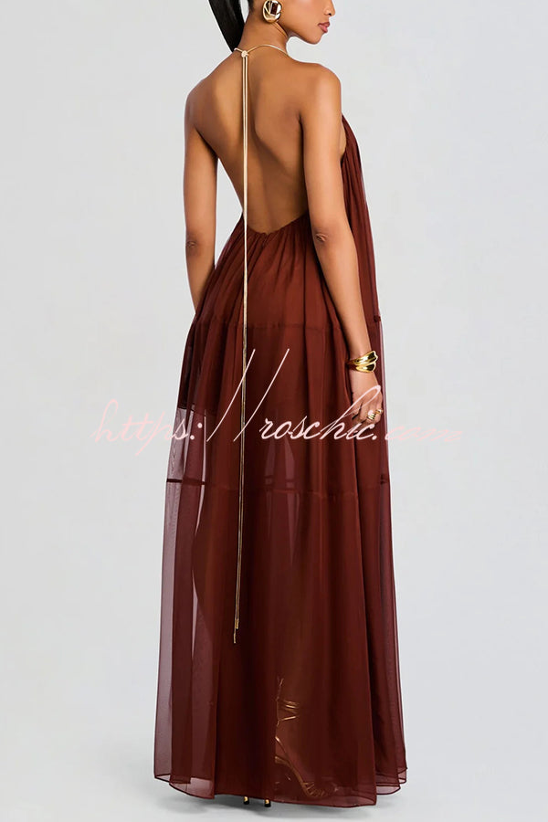 Flowing Lightweight Chiffon Chain Halter Neck Detail Backless A-line Maxi Dress