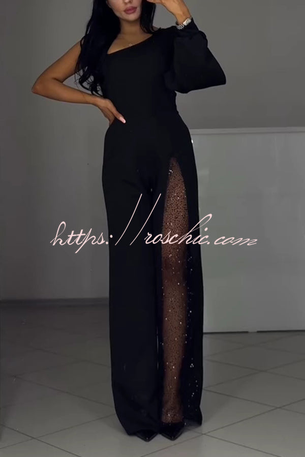 Fashionable Oblique Shoulder One-sleeve Sexy High Slit Slim Jumpsuit