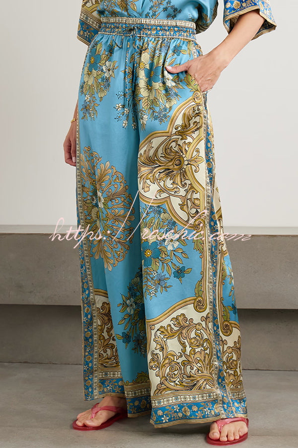 Satin Floral Print Loose Shirt and Elastic Waist Pocket Casual Wide-leg Pants