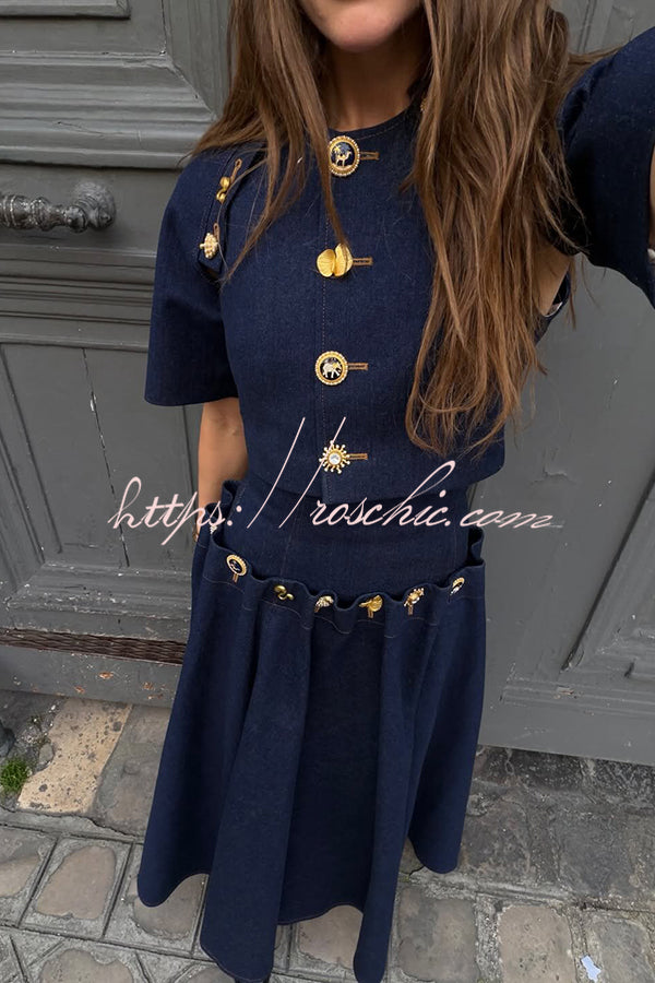 Custom Look Denim Unique Metal Pattern Buttons Lace-up Waist Crisp
