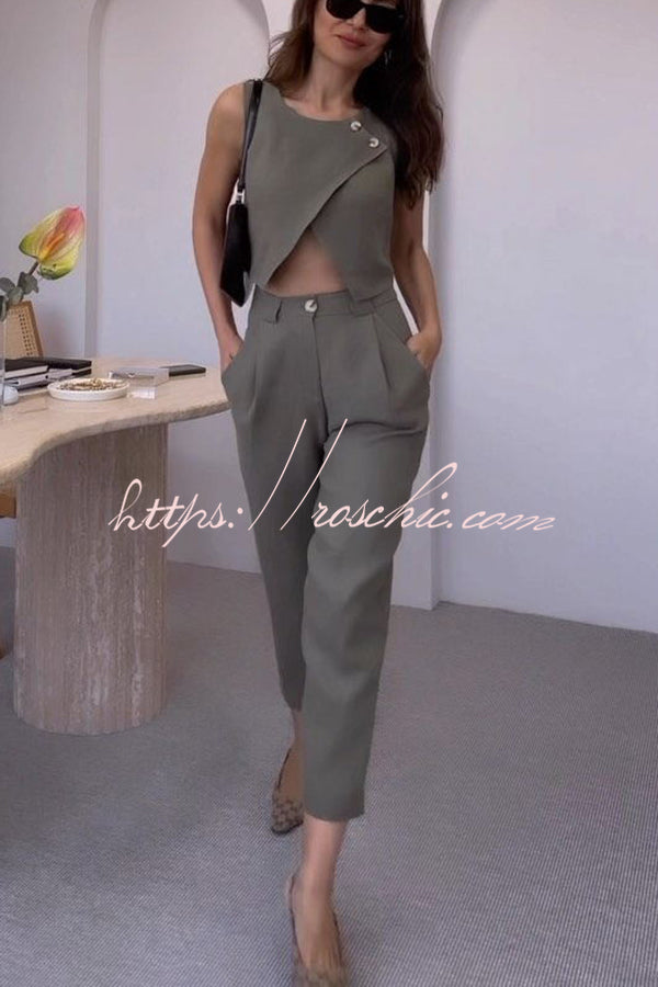 Balvin Linen Blend Cross Button Neck Crop Vest and High Rise Pocketed Pants Set