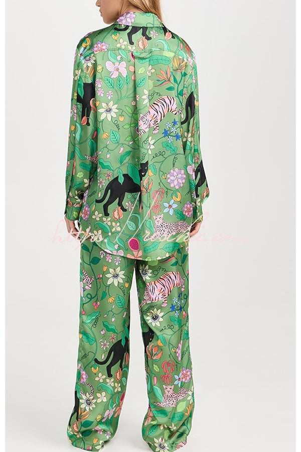 Quiet Jungle Satin Unique Print Long Sleeve Shirt and Elastic Waist Pocket Lounge Pants Set