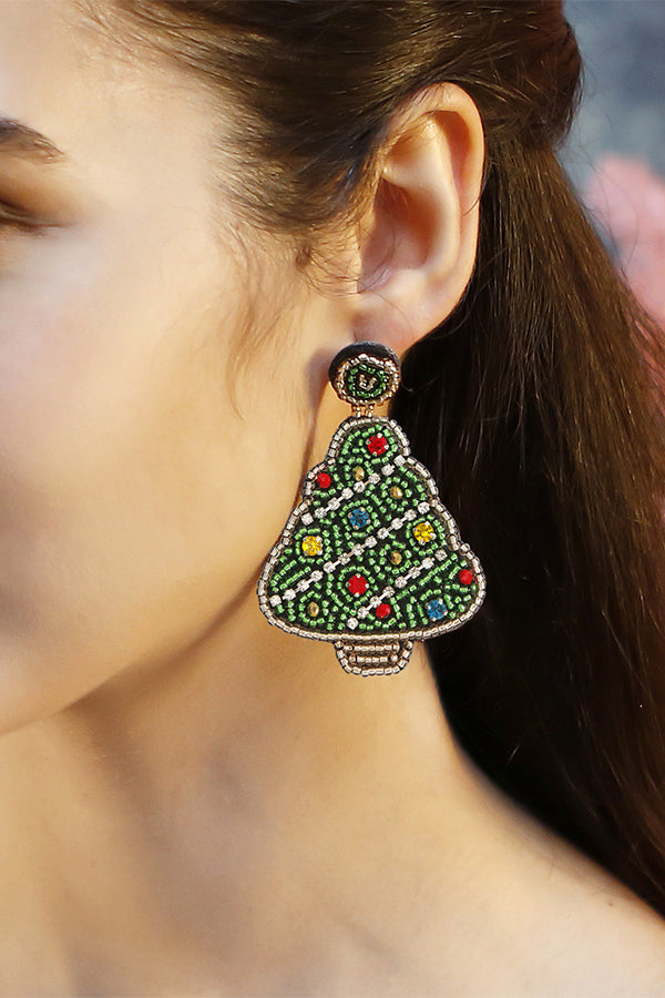 Handmade Christmas Tree Shape Beaded Earrings