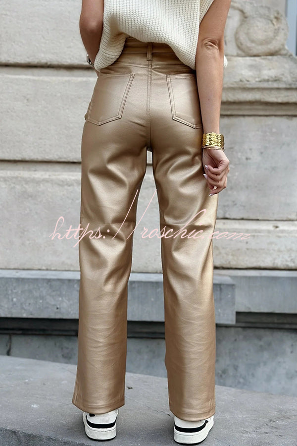 Stylish Metallic Fabric Pocket Casual Straight Wide-Leg Pants