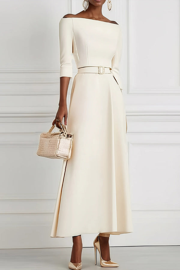 Solid Color Off-the-shoulder Waist-tied Elegant Midi Dress