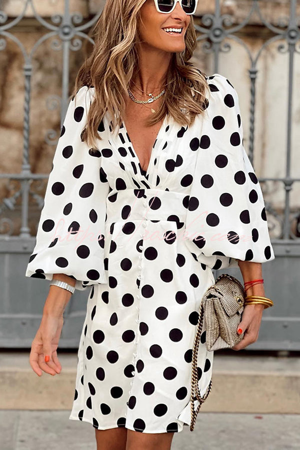 Always The One Polka Dot Button Puff Sleeve Mini Dress