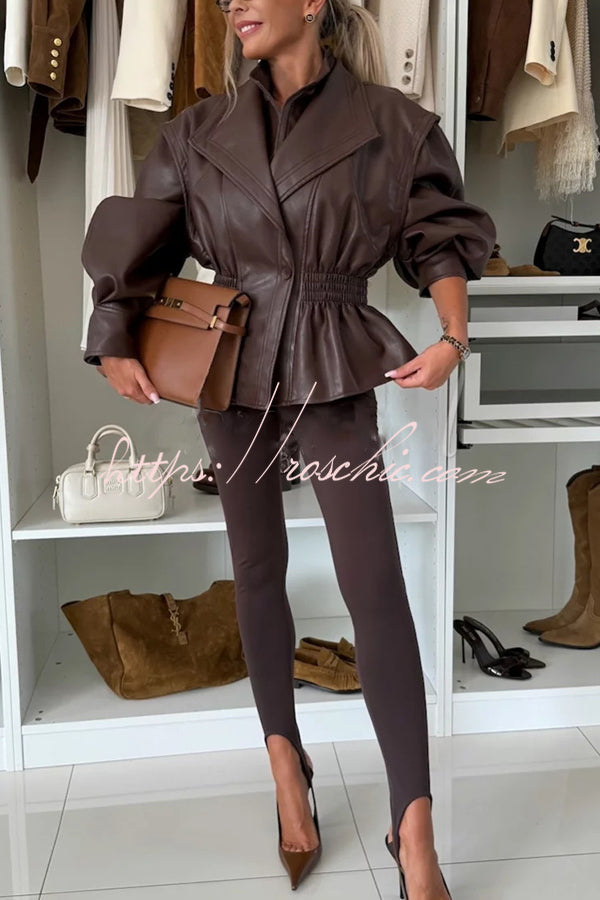 Play It Cool Faux Leather Single Button Elastic Waist Lapel Moto Jacket