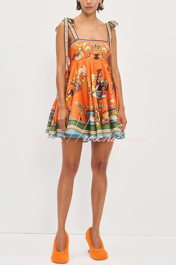 Linen Blend Unique Print Suspender Tie Casual Mini Dress