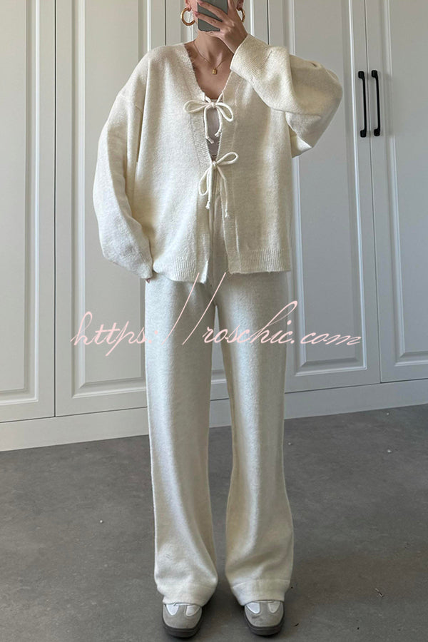 Solid Color V-neck Tie Long-sleeved Loose Knit Cardigan and Elastic Waist Casual Straight Leg Pants Set