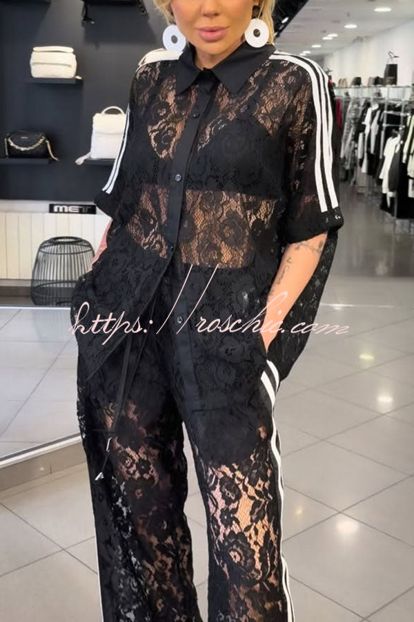 Mix Fashion Lace Striped Trim Short Sleeve Button Shirt and