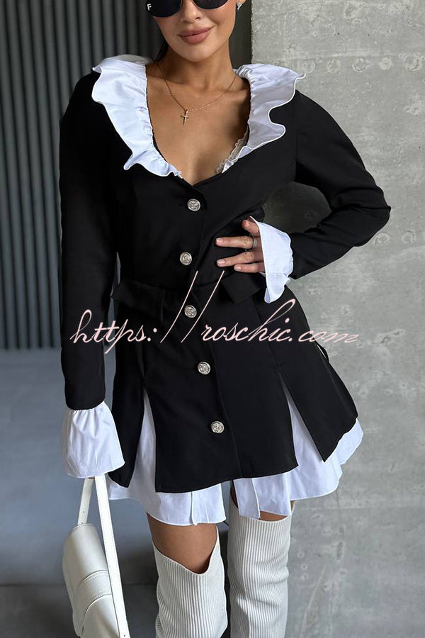 Altair Contrast Ruffled Shirt Patchwork Button Pleated Blazer Mini Dress