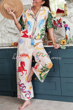 Bohemian Beauty Unique Print Short Sleeve Loose Shirt and Elastic Waist Pants Set