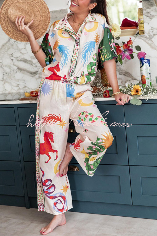 Bohemian Beauty Unique Print Short Sleeve Loose Shirt and Elastic Waist Pants Set