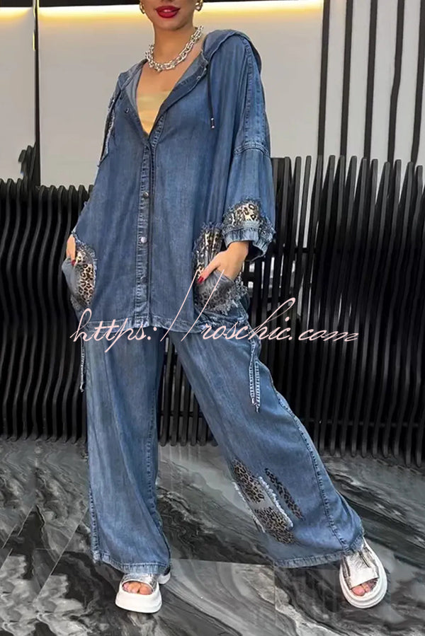 Fashion Loose Hooded Leopard Print Pocket Top and Casual Wide-leg Pants Set