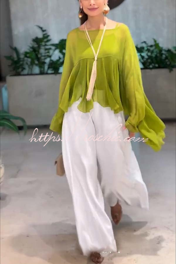 Romantic Journey Chiffon Ruffle Batwing Sleeve Top and Elastic Waist Pocket Loose Pants Set