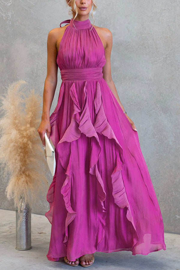 Coral Textured Metallic Chiffon Material High Tie Neck Ruffles Maxi Dress Coral Textured Metallic Chiffon Material High Tie Neck Ruffles Maxi Dress