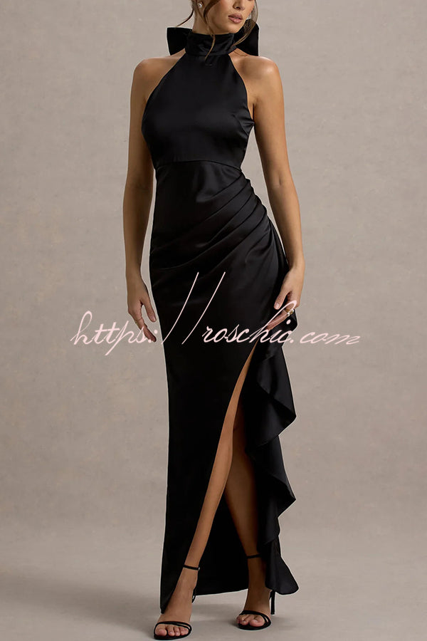 Maureen Satin High Neck Ruched Ruffle Slit Draped Maxi Dress