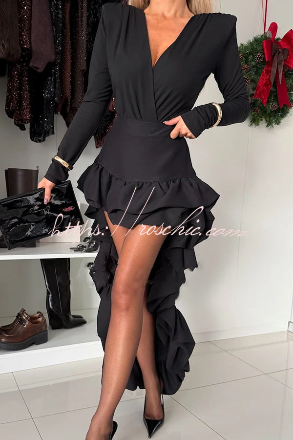 Toast To Midnight Solid Color High Rise Irregular Ruffled High Low Maxi Skirt