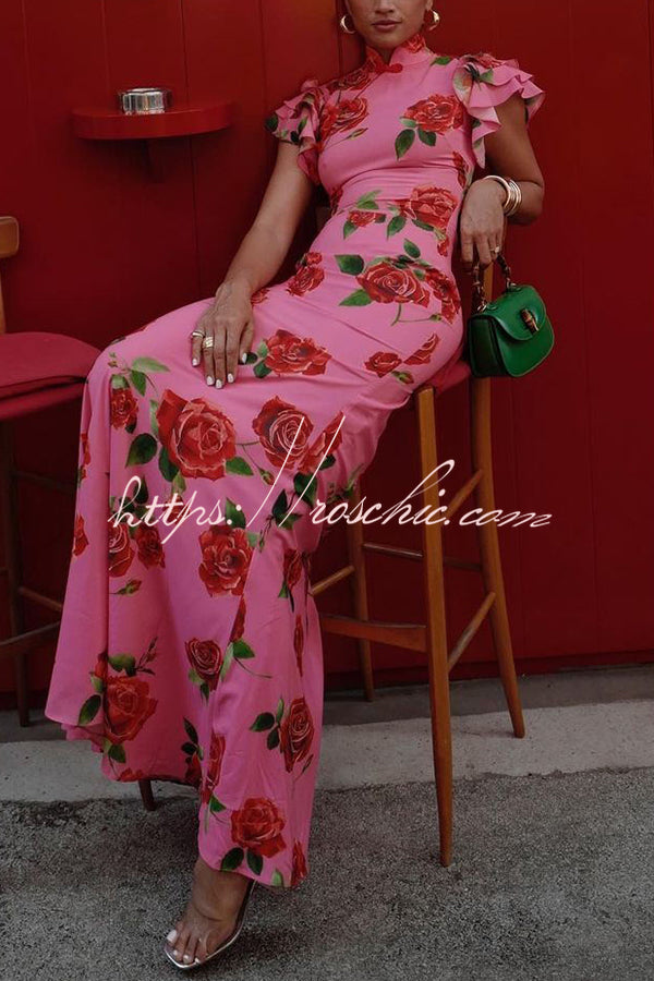 Cheongsam Style Rose Floral Print Tiered Flare Sleeve Stretch Maxi Dress