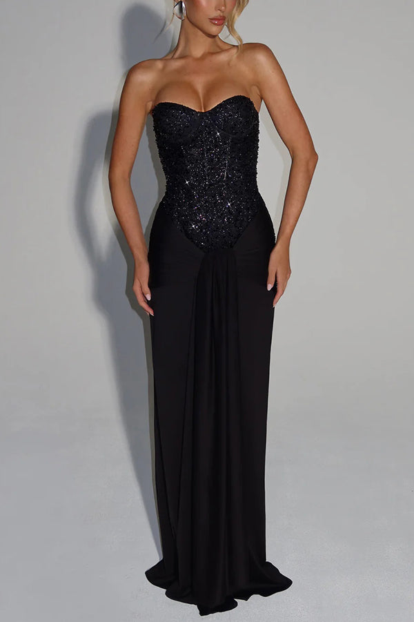 Carina Sequined and Satin Jersey Off Shoulder Ruched Knot Drape Maxi Dress, Black / S