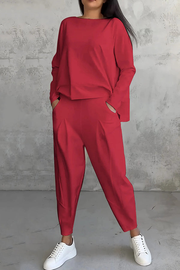 Solid Color Crew Neck Long-sleeved Irregular Loose Top and Elastic Waist Pocket Casual Pants Set