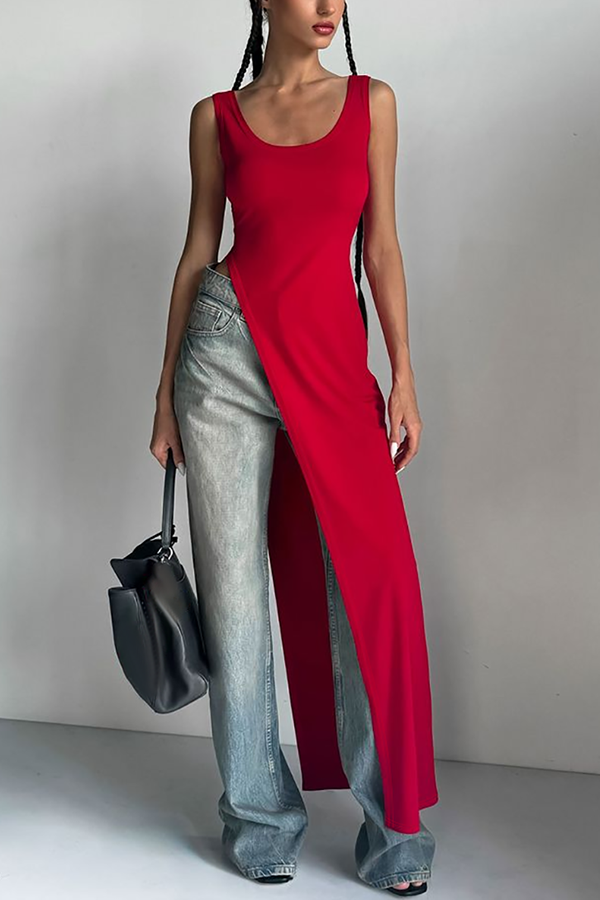 Solid Color Shoulder Strap Slim Fit Slit Maxi Top