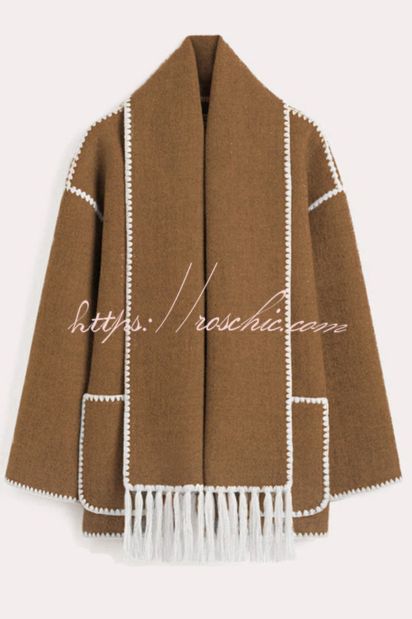 Stylish Loose Pocket Long Sleeve Coat and Warm Fringed Scarf